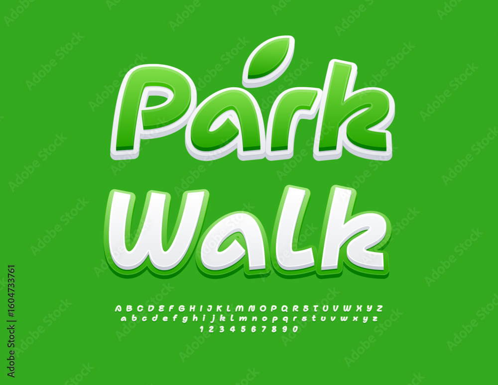 Naklejka premium Vector Green template Park Walk. Bright Fashion Font. Artistic Alphabet Letters and Numbers.