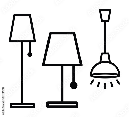 Simple Line Art of Floor and Pendant Lamps in Minimalist Style Design