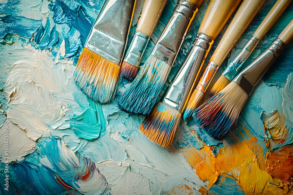 Fototapeta premium Close-up of several paintbrushes on a paint palette with blue and orange paint.