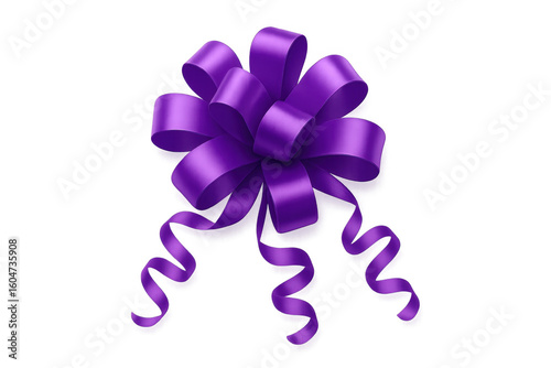 Realistic purple bow with curly ribbons isolated on transparent background, perfect for gift wrapping and decoration