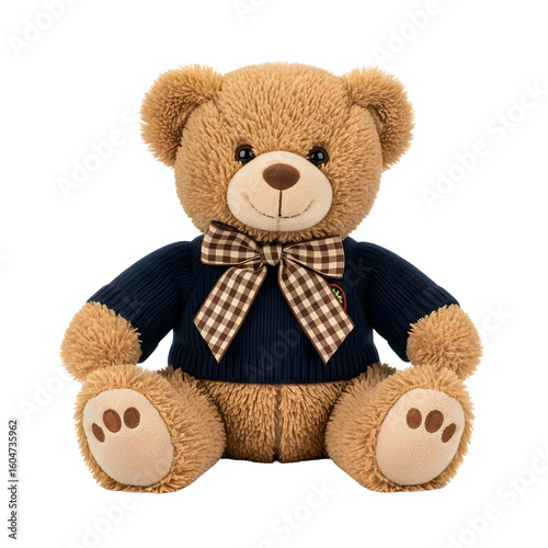 Adorable Teddy Bear Wearing a Navy Blue Sweater with Plaid Bow Tie.