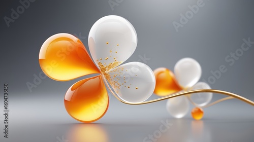 3D abstract glass flower with glossy orange and white petals on a smooth gray background