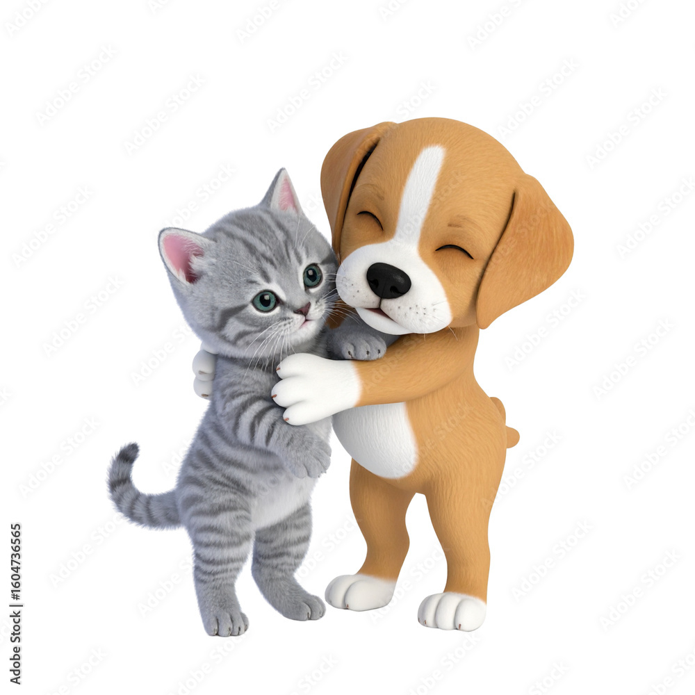 Fototapeta premium two adorable cartoon puppies hugging each other. one puppy is brown with a white chest and paws, while the other has gray fur with black stripes on its face and ears