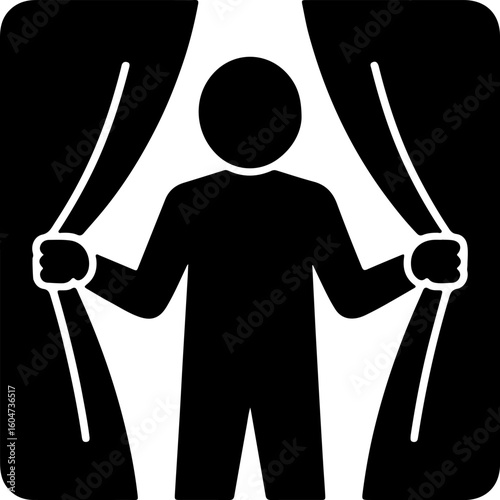 Silhouette of Person Pulling Curtains Apart – Reveal or Presentation Concept in Black Vector