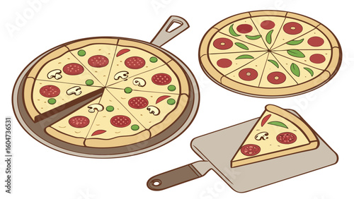 Pepperoni mushroom and basil pizza slices and whole pizza cheese