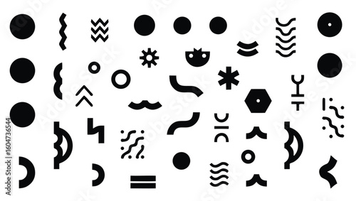 Black geometric shapes and wavy lines on white background abstract