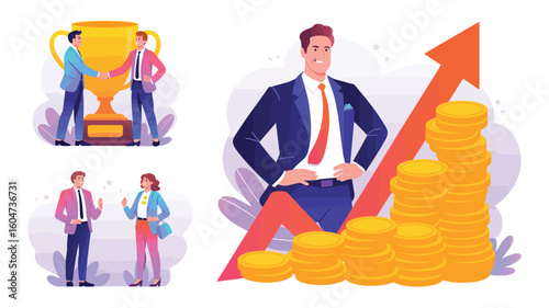 Set of three business illustrations symbolizing success, teamwork, and financial growth using trophy, conversation, and upward arrow visuals