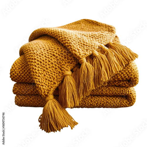 Folded Knit Throw Blanket With Tassels  isolated on a transparent background