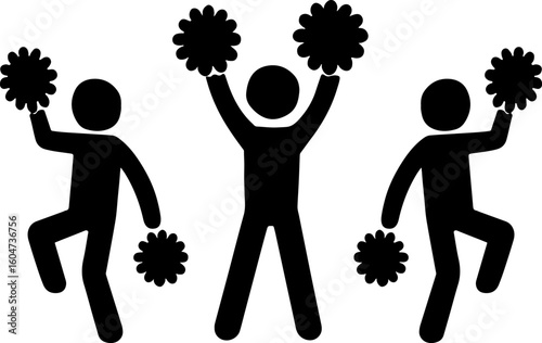 Silhouettes of Cheerleaders Holding Pom-Poms in Dynamic Poses – Black Figures on White Background