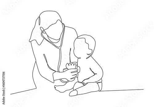 One single line drawing of young female pediatric doctor examining baby health condition and check the heart beat,  line draw design vector illustration.