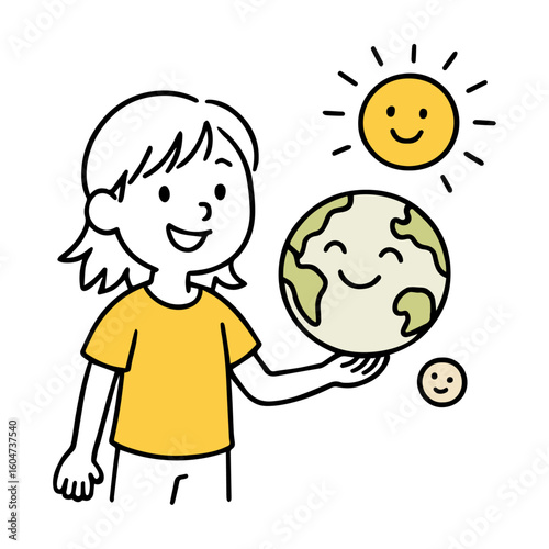 Girl Holding Smiling Globe with Sun and Moon. Sustainability Themes, Educational And Environmental Illustration, Earth Day, Nature, and Learning Concept Vector Illustration