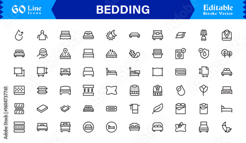 Bedding and Sleep Essentials Icons – Modern Professional Line Icon Set Featuring Minimal Vector Design for Comfort and Home Decor Themes