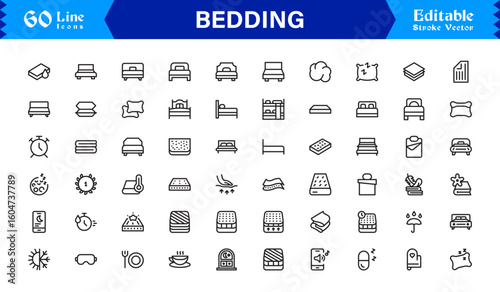 Bedding and Sleep Essentials Icons – Modern Professional Line Icon Set Featuring Minimal Vector Design for Comfort and Home Decor Themes