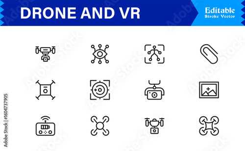 Drone and Virtual Reality Icons – Modern Professional Line Icon Set Featuring Minimal Vector Design for Technology and Innovation Themes