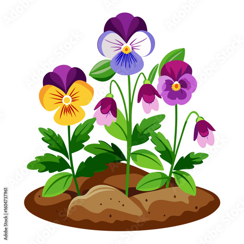 Illustration of pansy flowers growing in garden soil perfect for spring flower gardening ideas