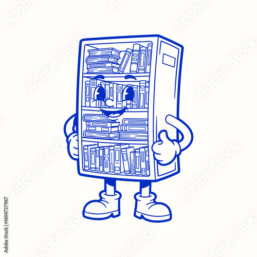 Happy Cartoon Bookshelf Mascot with Thumbs Up Illustration