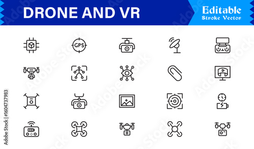 Drone and Virtual Reality Icons – Modern Professional Line Icon Set Featuring Minimal Vector Design for Technology and Innovation Themes