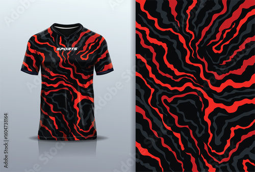 T-shirt mockup abstract texture grunge texture sport jersey design for football, soccer, racing, esports, running, red black color