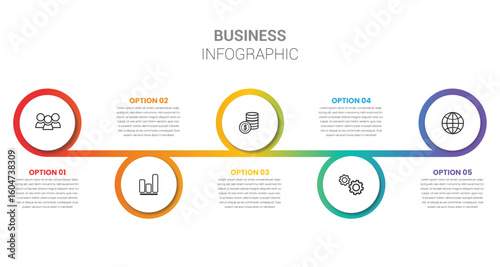 Modern Business Infographic Template: Five-Step Process, Colorful Circular Design, Flat Style