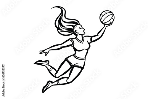 Dynamic silhouette of a female volleyball player in mid air reaching for the ball isolated on white background