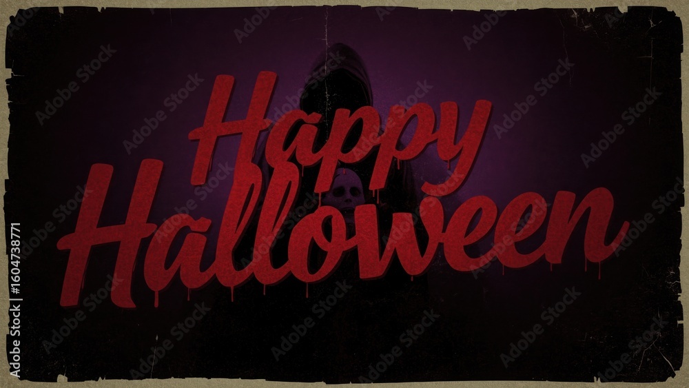 Fototapeta premium A happy halloween message with a cloaked figure in the background on a dark purple background