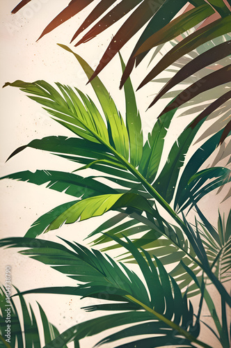 Vibrant green palm leaves on a light, textured background.