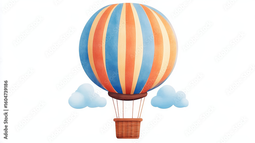 Naklejka premium Striped hot air balloon with a vintage basket ascending, depicted in clay illustration style on a white background. This aerostat symbolizes ballooning festivals, skyward journeys
