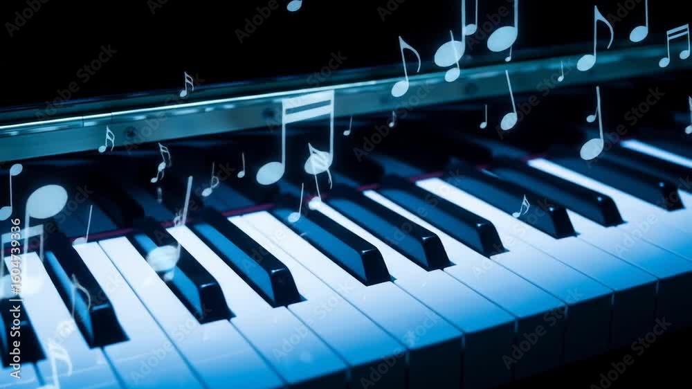 Close Up Of Piano Keyboard Illuminated With Musical Notes Floating Against Blue Toned Background