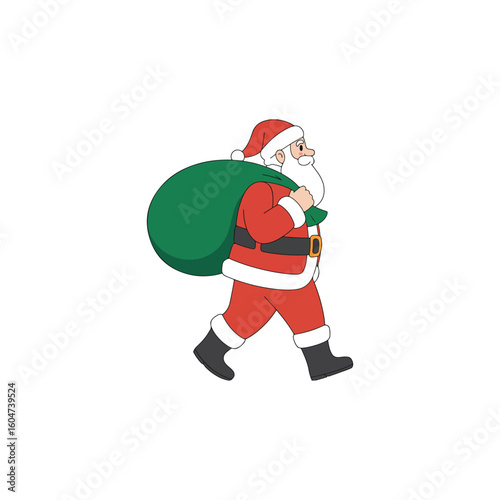 Santa Claus walking with a large green gift bag over his shoulder Christmas holiday