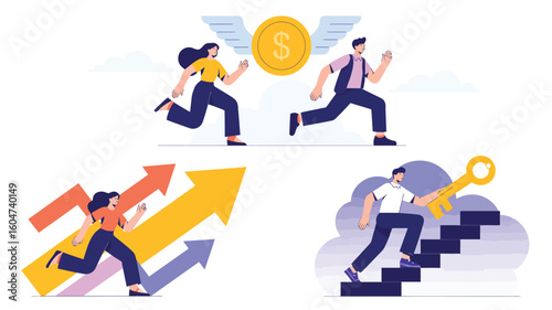 Set of three metaphor illustrations symbolizing financial pursuit, growth, and unlocking potential with coins, arrows, stairs, and key elements