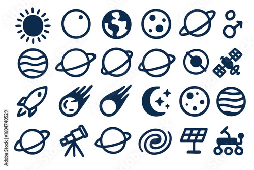 A collection of simple line icons depicting celestial bodies, astronomical objects, and space exploration elements, set against a clean, white background.