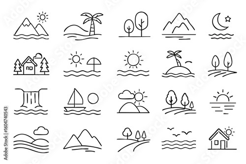 A collection of simple line art icons representing various natural landscapes, including mountains, beaches, and forests, perfect for design.