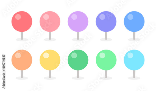 パステルカラーの丸い押しピン・画鋲･まち針のアイコンセット - 目印やマーカーのかわいいイラスト