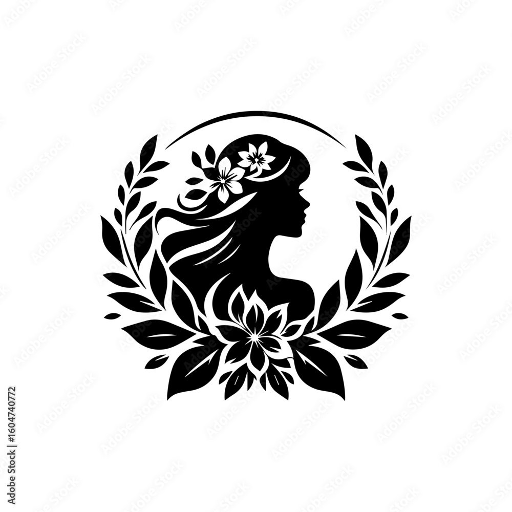 Fototapeta premium Silhouette of a Woman Adorned with Floral and Leafy Embellishments.