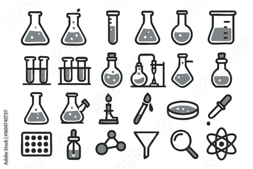 A collection of grayscale science icons representing laboratory equipment and tools, perfect for educational materials, scientific publications, and research projects, showcasing chemistry and