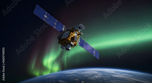 A satellite orbiting earth with the aurora borealis in the background a blend of technology and natural beauty in space