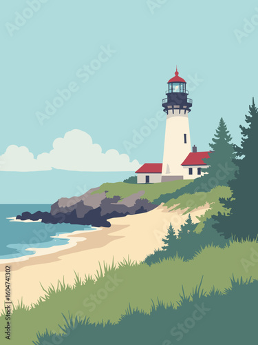 Traverse City, MI – Mission Point Lighthouse, Grand Traverse Bay in bay blue, lighthouse red, dune beige, and pine green