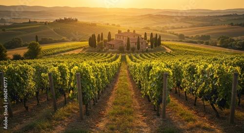 Vineyard Landscape with Rustic Villa on Rolling Hills at Sunset