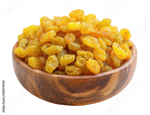 Pile of golden raisins in a wooden bowl