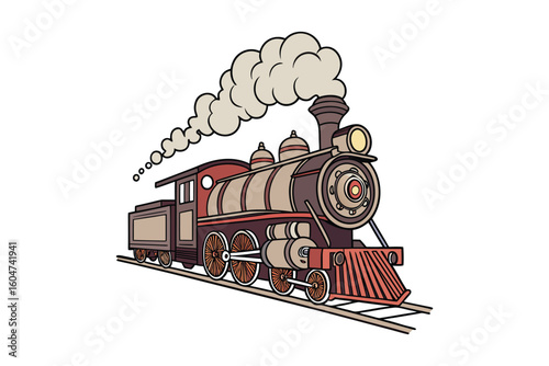 Vintage steam locomotive with billowing smoke on railroad tracks isolated on white background silhouette