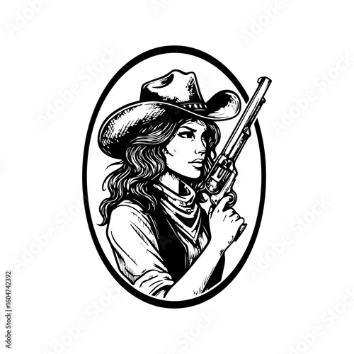 Strong and Confident Female Cowboy Portrait in Vintage Style.