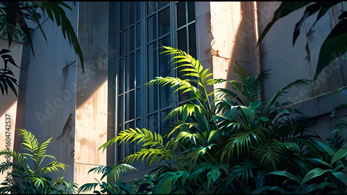 A building wall covered with lush green plants and shadows.