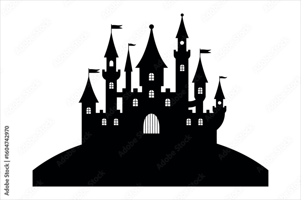 Obraz premium Black castle silhouette with flags and white medieval