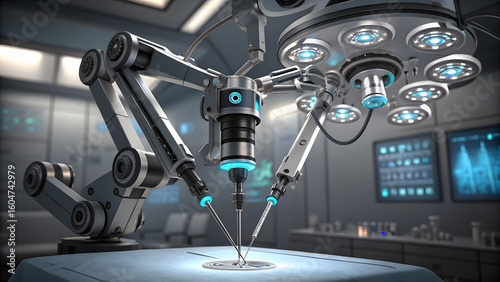 Robotic surgical system with detailed metallic arms and glowing blue accents in sterile clinical environment