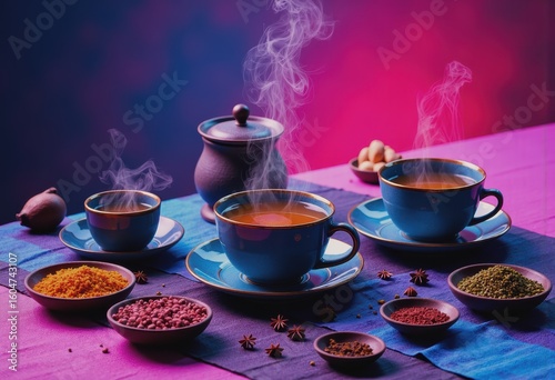 Steaming cups of tea surrounded by aromatic spices in a vibrant setting