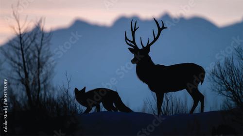 Silhouette of a majestic stag and a sly fox against a mountain backdrop in the twilight hour serene wildlife scene