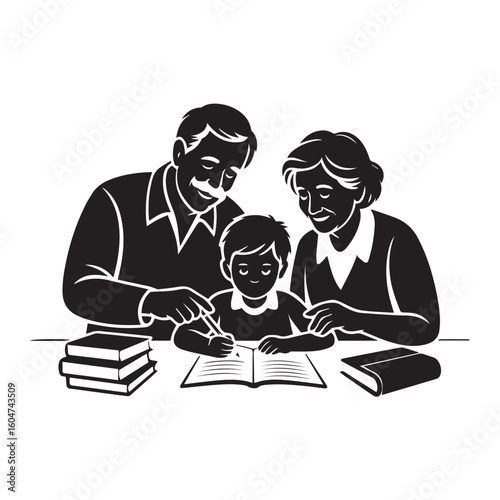 A loving family parents and child gathered around a table diligently studying and reading books together fostering education and bonding
