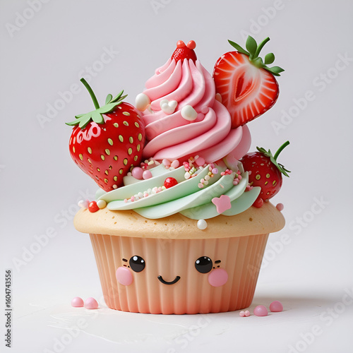 Kawaii Strawberry Cupcake with Pastel Swirl Frosting and Cute Face on White Background

