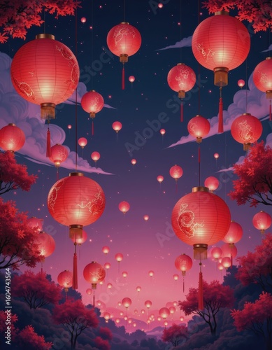 Floating red lanterns illuminate the night sky during the Chinese lantern festival