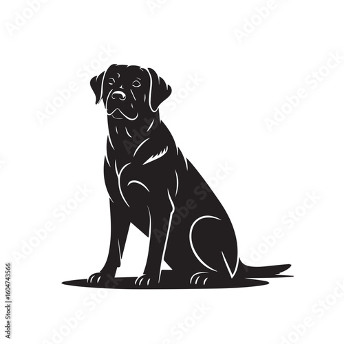 A striking black labrador retriever dog is depicted in a silhouette style sitting attentively against a clean white background